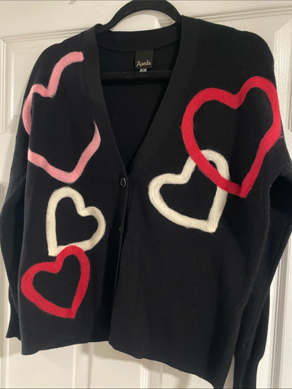 Aaeda Black Cardigan Sweater with Red pink & White Hearts Super Soft Sz M
